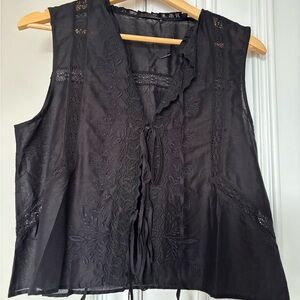 Zara Black Lace Trim tie front sheer top